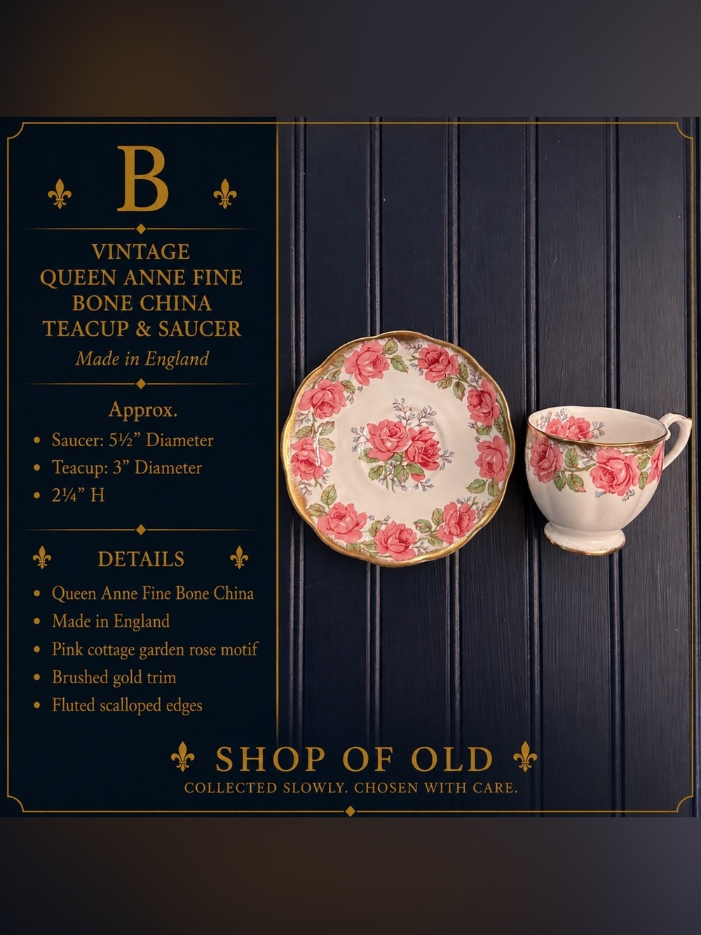 Vintage Queen Anne Fine Bone China Teacup & Saucer | Pink Rose Pattern